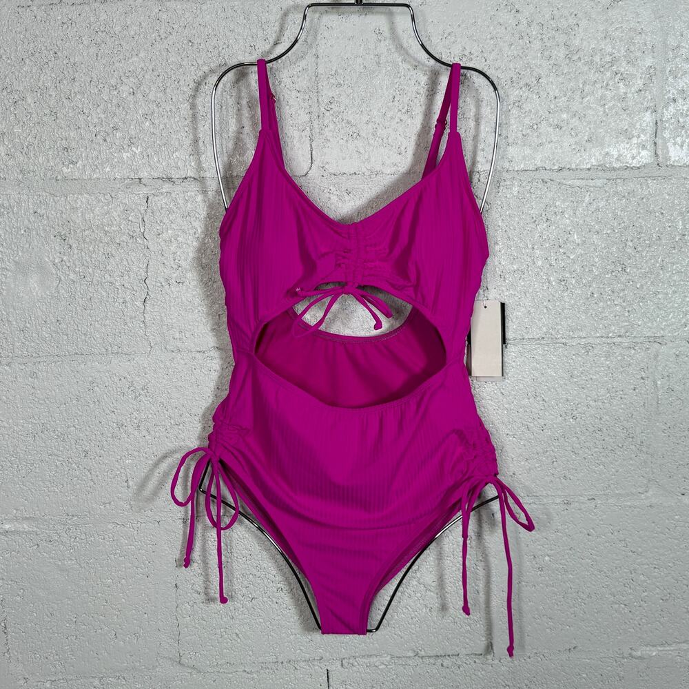 Salt + Cove Juniors' Adjustable-Cinch Ribbed One-Piece Swimsuit, Pink Large